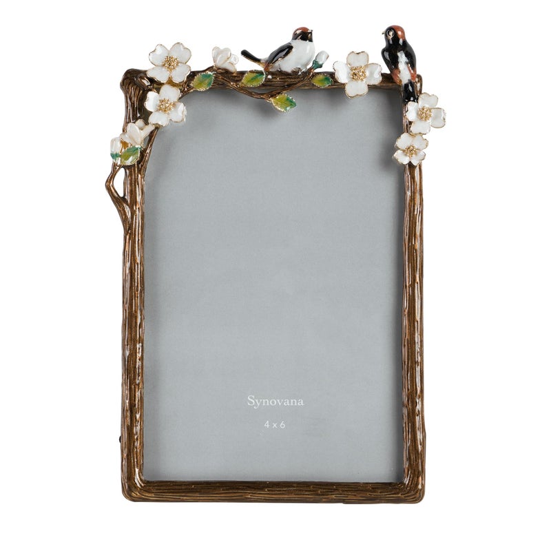 Synovana Romantic Bird and Blossom Tree Branch Picture Frame â€“ 4x6 Floral Photo Frame with Enamel Flowers and Lovebirds â€“ Vintage Nature-Inspired Gift for Couples and Home DÃ©cor - Image 1