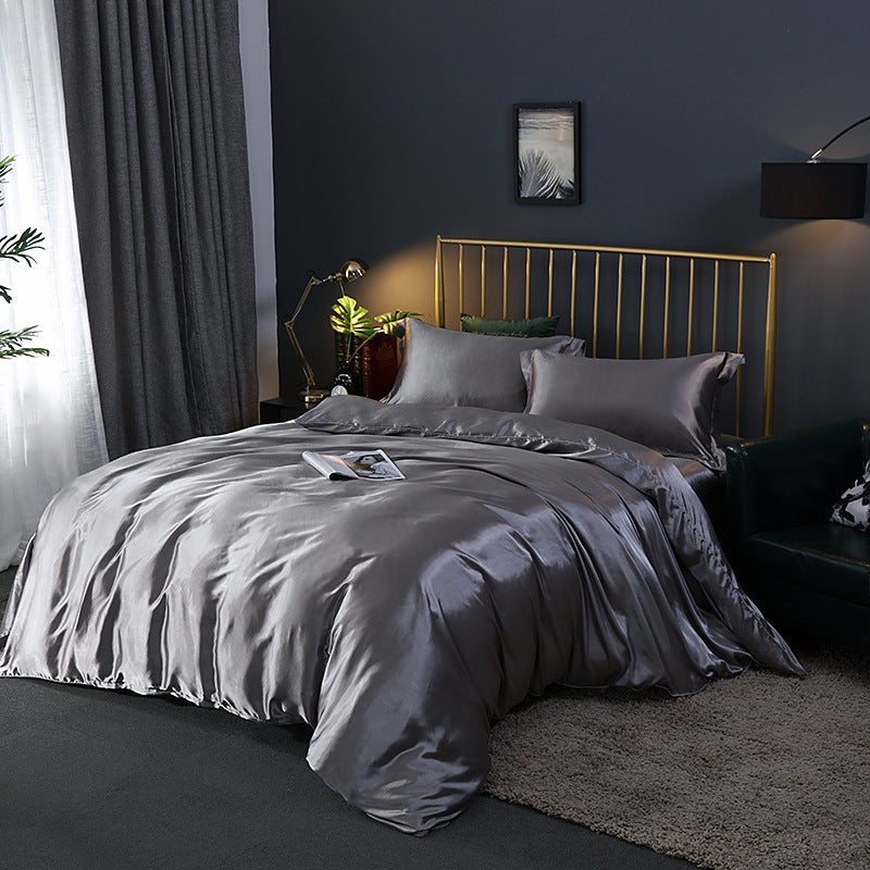 European-Style Solid Color Double-Sided Silk Four-Piece Set Silk Satin Bed Sheet Quilt Cover Bed Hat Summer Naked Sleeping Bedding - Image 5