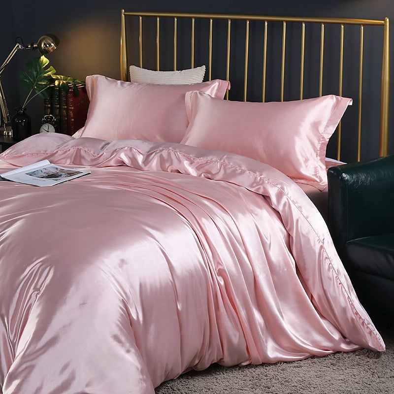 European-Style Solid Color Double-Sided Silk Four-Piece Set Silk Satin Bed Sheet Quilt Cover Bed Hat Summer Naked Sleeping Bedding - Image 3