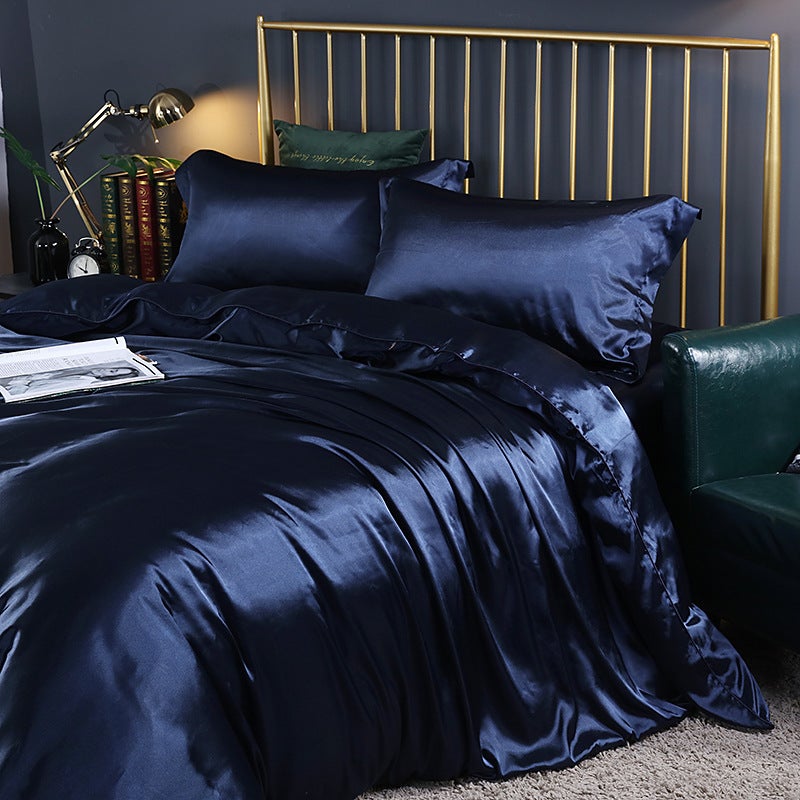 European-Style Solid Color Double-Sided Silk Four-Piece Set Silk Satin Bed Sheet Quilt Cover Bed Hat Summer Naked Sleeping Bedding - Image 4