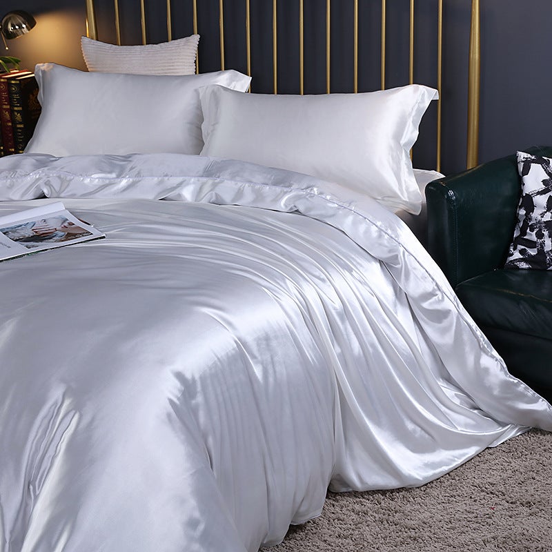 European-Style Solid Color Double-Sided Silk Four-Piece Set Silk Satin Bed Sheet Quilt Cover Bed Hat Summer Naked Sleeping Bedding - Image 1