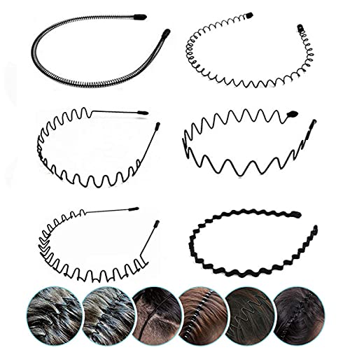 LERNOU Elastic Wavy Spring Wave Hair Band, Multi-Style Black Non-slip Metal Hair Hoop, Unisex Sport Fashion Hair Band Accessories for Women and Men(6 Pieces) - Image 1