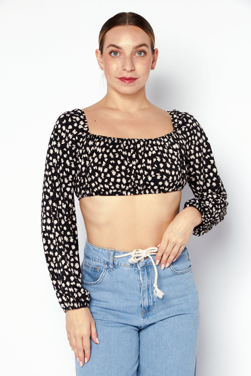 Endless Blu Women Square Neck Long Sleeve Top, Black - Image 1