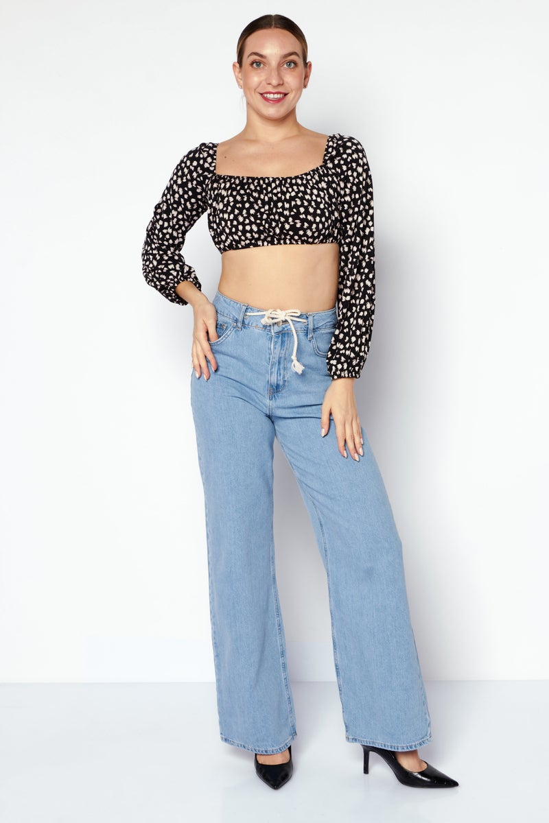 Endless Blu Women Square Neck Long Sleeve Top, Black - Image 3