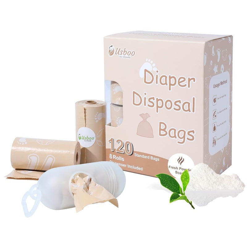 USBOO Diaper Bags Disposable for Baby Biodegradeable Dirty Diaper Bags 8 Refill Rolls120 Bags with Dispenser  Leak Proof Diaper Trash Bags  Baby Poop Bags  Fresh Powder Scent - Image 1