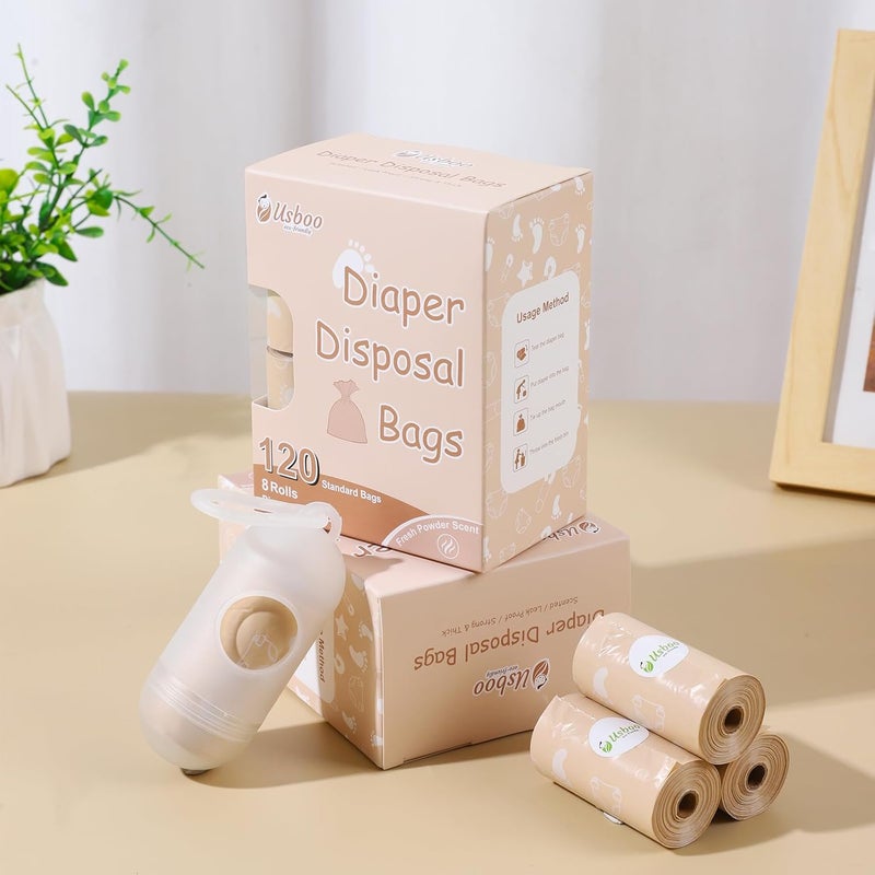 USBOO Diaper Bags Disposable for Baby Biodegradeable Dirty Diaper Bags 8 Refill Rolls120 Bags with Dispenser  Leak Proof Diaper Trash Bags  Baby Poop Bags  Fresh Powder Scent - Image 3
