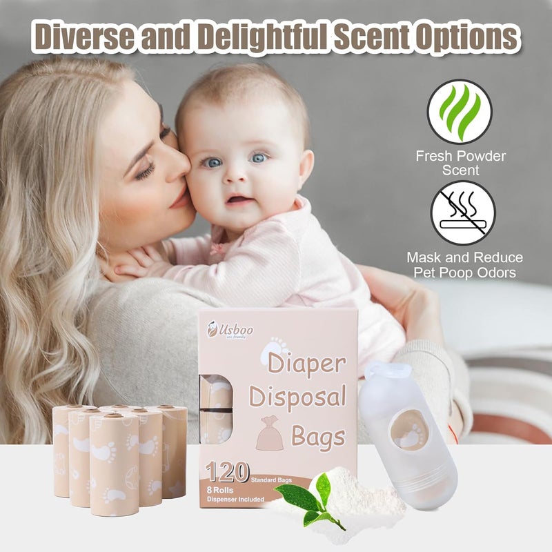 USBOO Diaper Bags Disposable for Baby Biodegradeable Dirty Diaper Bags 8 Refill Rolls120 Bags with Dispenser  Leak Proof Diaper Trash Bags  Baby Poop Bags  Fresh Powder Scent - Image 4
