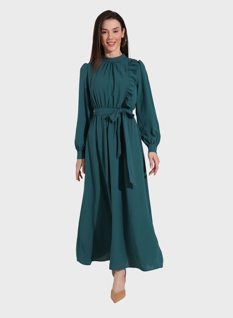 Benin by modanisa Ruffled Emerald Maxi Dress - Image 1