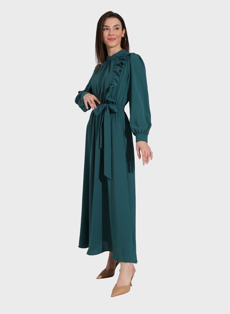 Benin by modanisa Ruffled Emerald Maxi Dress - Image 4