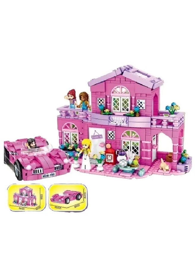 Pink Series Building Kit, 4 in 1 Can Be Combined Into Big Villa, Fashion Mansion Roadster Playset for Kids Birthday Present