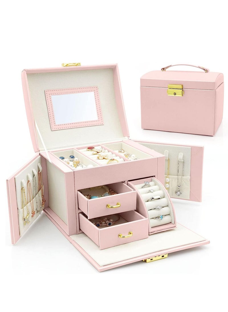 Arabest Jewelry Organizer Box, PU Leather Jewelry Storage Box with Mirror and Lock, Portable Jewelry Case for Watch, Rings, Necklace, Bracelet, Earring(Pink) - Image 1