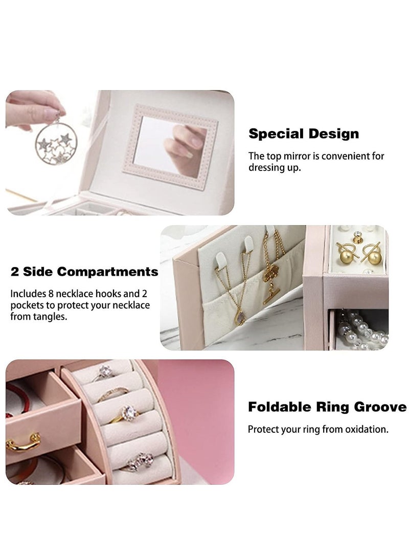 Arabest Jewelry Organizer Box, PU Leather Jewelry Storage Box with Mirror and Lock, Portable Jewelry Case for Watch, Rings, Necklace, Bracelet, Earring(Pink) - Image 3