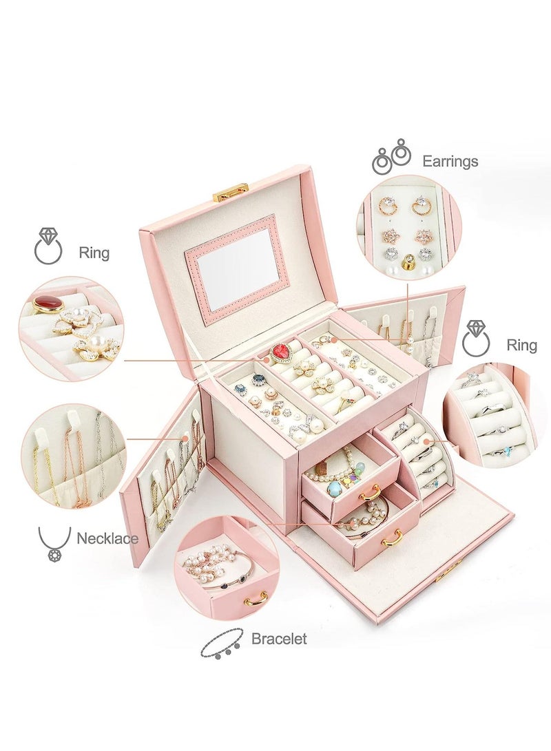 Arabest Jewelry Organizer Box, PU Leather Jewelry Storage Box with Mirror and Lock, Portable Jewelry Case for Watch, Rings, Necklace, Bracelet, Earring(Pink) - Image 2