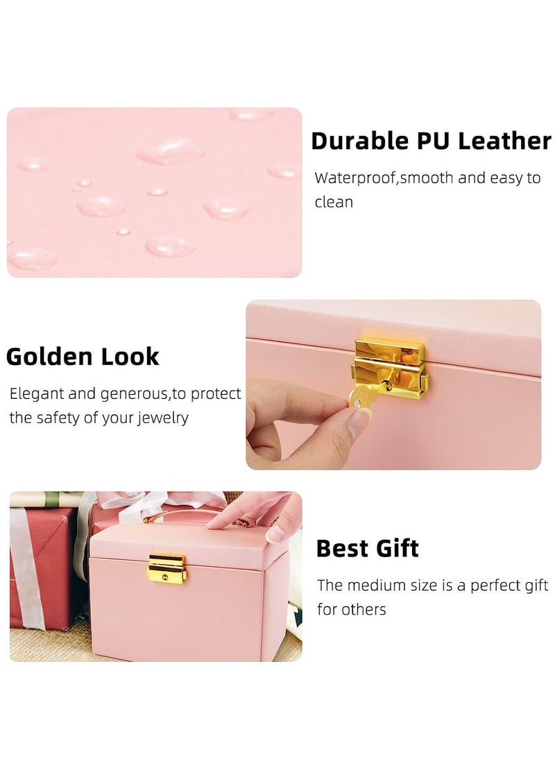 Arabest Jewelry Organizer Box, PU Leather Jewelry Storage Box with Mirror and Lock, Portable Jewelry Case for Watch, Rings, Necklace, Bracelet, Earring(Pink) - Image 4