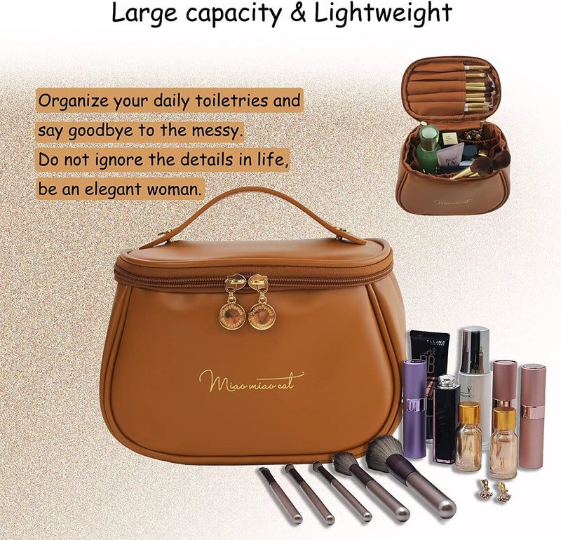 ARLICORPING Makeup Storage Bag, Portable Cosmetic, PU Leather Multifunctional Vanity Bag for Makeup,Cosmetic Brush Case, Cosmetic Travel Bag for Women Organization Bag with Handle(Brown) - Image 2