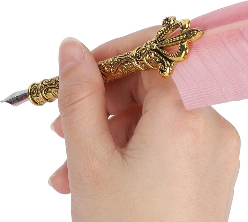 Bahels Feather Pen Set, Vintage Writing Tool Retro Feather Pen, Retro Calligraphy Gift Lightweight for Office Home (Color : Light pink) - Image 2