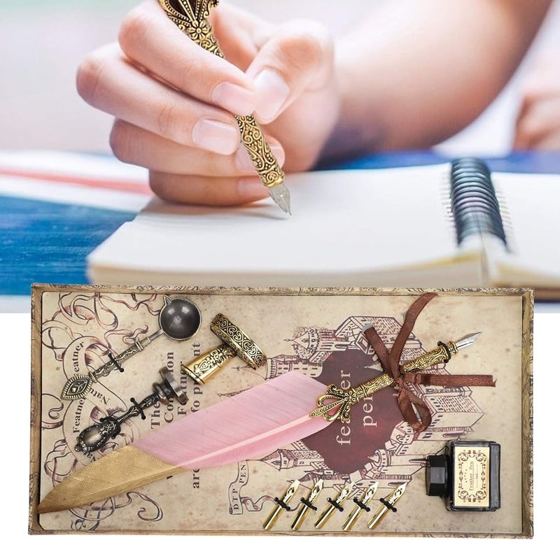 Bahels Feather Pen Set, Vintage Writing Tool Retro Feather Pen, Retro Calligraphy Gift Lightweight for Office Home (Color : Light pink) - Image 4