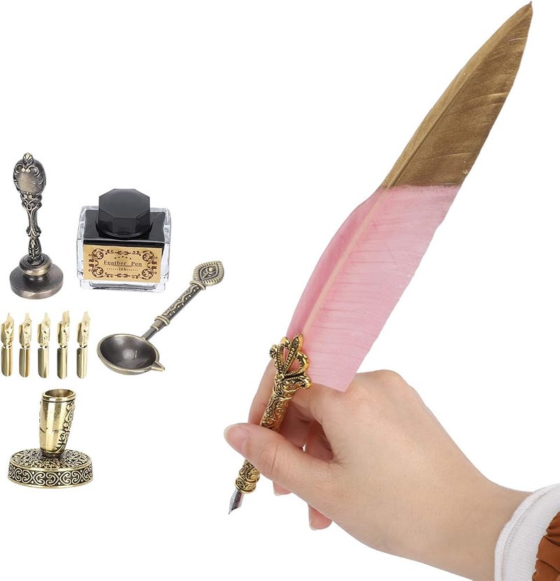 Bahels Feather Pen Set, Vintage Writing Tool Retro Feather Pen, Retro Calligraphy Gift Lightweight for Office Home (Color : Light pink) - Image 3