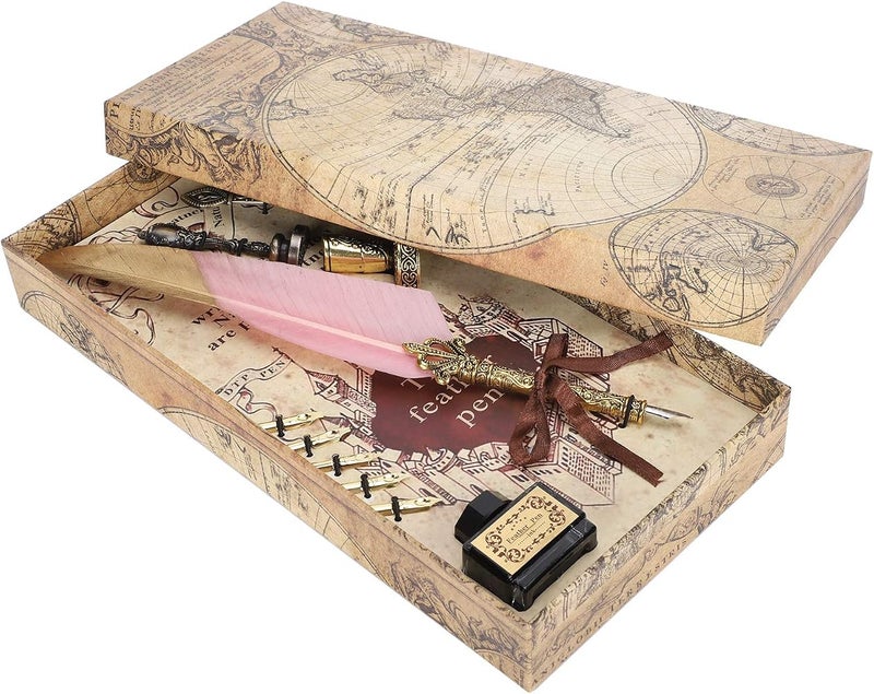 Bahels Feather Pen Set, Vintage Writing Tool Retro Feather Pen, Retro Calligraphy Gift Lightweight for Office Home (Color : Light pink) - Image 1