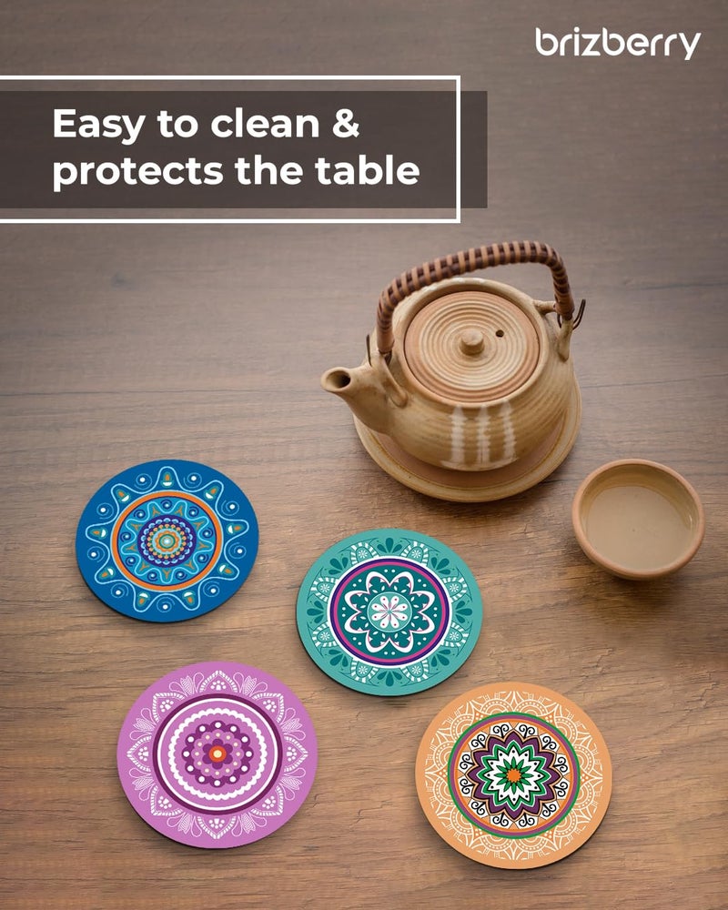 Brizberry® Brizcoast Premium Designer Round Mandala Ethnic Beautiful Wooden Coasters Fit for Tea Cups, Coffee Mugs and Glasses (3.5X3.5 Inch) Design 9 (Set of 4) - Image 3