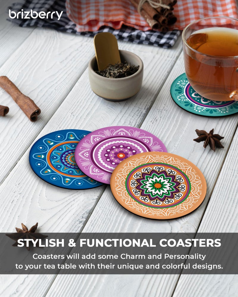 Brizberry® Brizcoast Premium Designer Round Mandala Ethnic Beautiful Wooden Coasters Fit for Tea Cups, Coffee Mugs and Glasses (3.5X3.5 Inch) Design 9 (Set of 4) - Image 2
