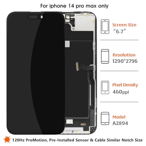 Olivechard TFT for iPhone 14 Pro Max LCD [120Hz Promotion+Proximity Sensor Cable] Screen Replacement Display Touch Digitizer Assembly A2894 A2651 A2893 A2895 with Repair Tools - Image 2