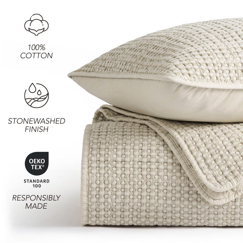 EverGrace Stonewashed 100% Natural Cotton Waffle Quilt Set King Size 3 Pieces, Durable, Textured & Substantial Bedding, Quilted Coverlet Bedspread with 2 Shams for All Seasons, Natural - Image 5