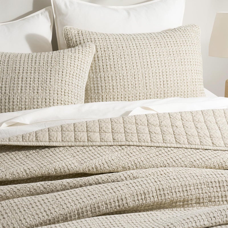 EverGrace Stonewashed 100% Natural Cotton Waffle Quilt Set King Size 3 Pieces, Durable, Textured & Substantial Bedding, Quilted Coverlet Bedspread with 2 Shams for All Seasons, Natural - Image 4