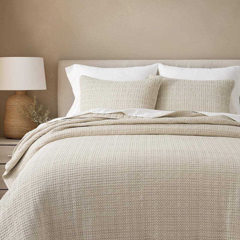 EverGrace Stonewashed 100% Natural Cotton Waffle Quilt Set King Size 3 Pieces, Durable, Textured & Substantial Bedding, Quilted Coverlet Bedspread with 2 Shams for All Seasons, Natural - Image 1