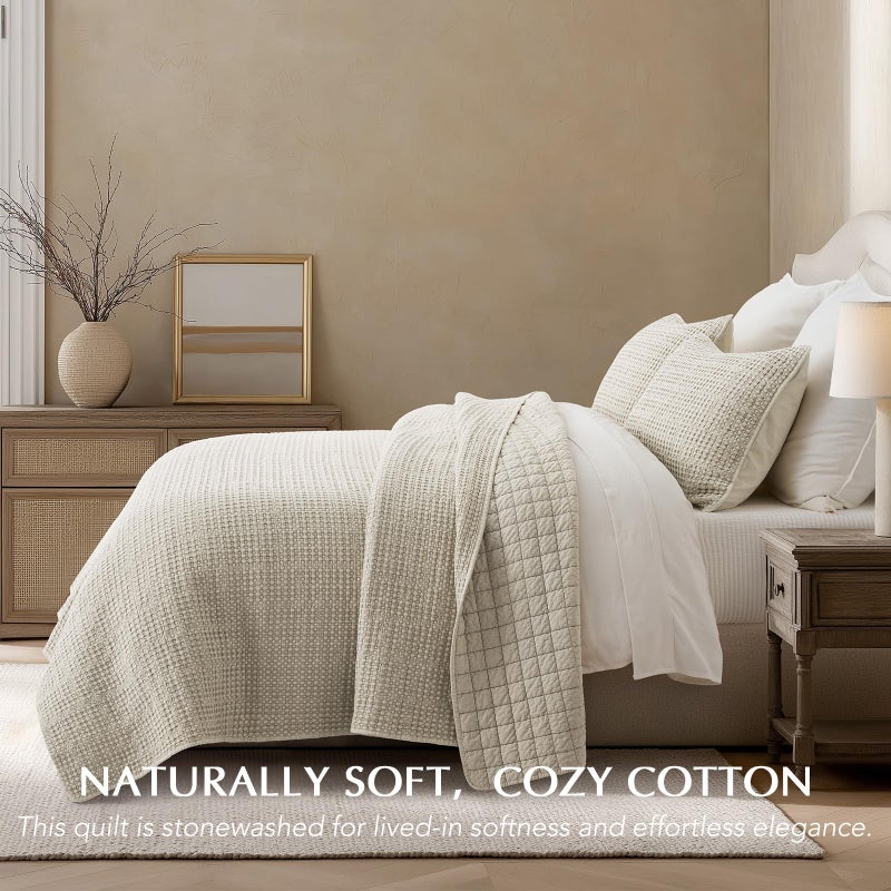 EverGrace Stonewashed 100% Natural Cotton Waffle Quilt Set King Size 3 Pieces, Durable, Textured & Substantial Bedding, Quilted Coverlet Bedspread with 2 Shams for All Seasons, Natural - Image 2