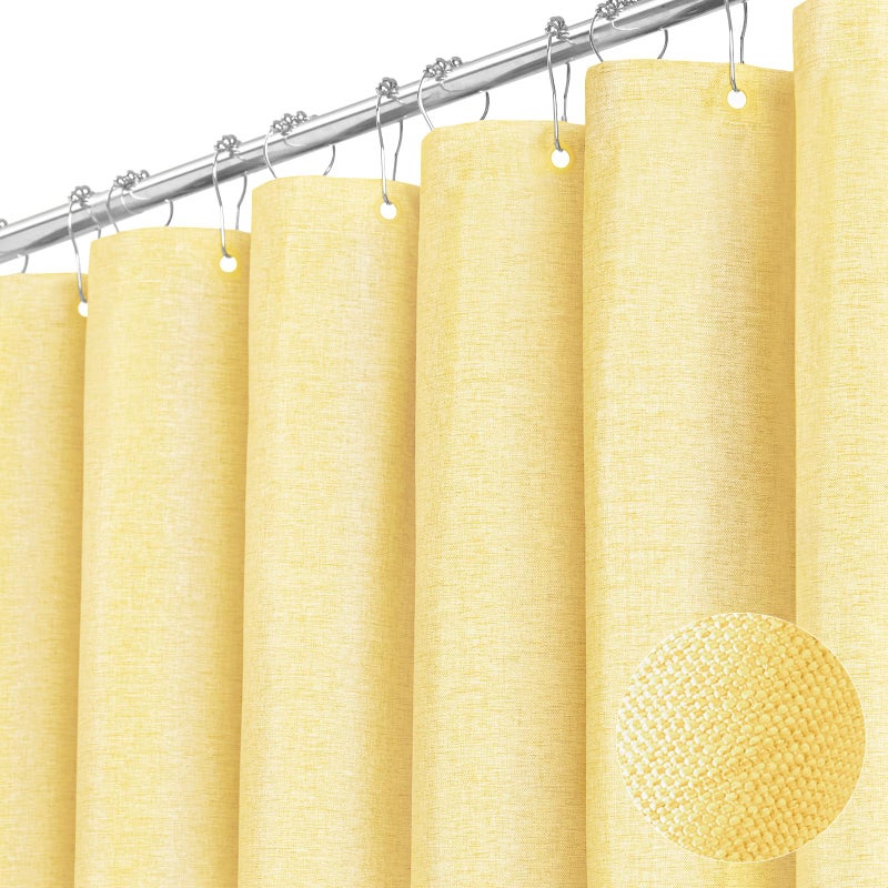 BTTN Extra Long Shower Curtain  96 Inch Linen Textured Heavy Duty Fabric Shower Curtain Set with 12 Plastic Hooks  Large Luxury Decorative Polyester Cloth Shower Curtains for Bathroom  72""x96""  Yellow - Image 1