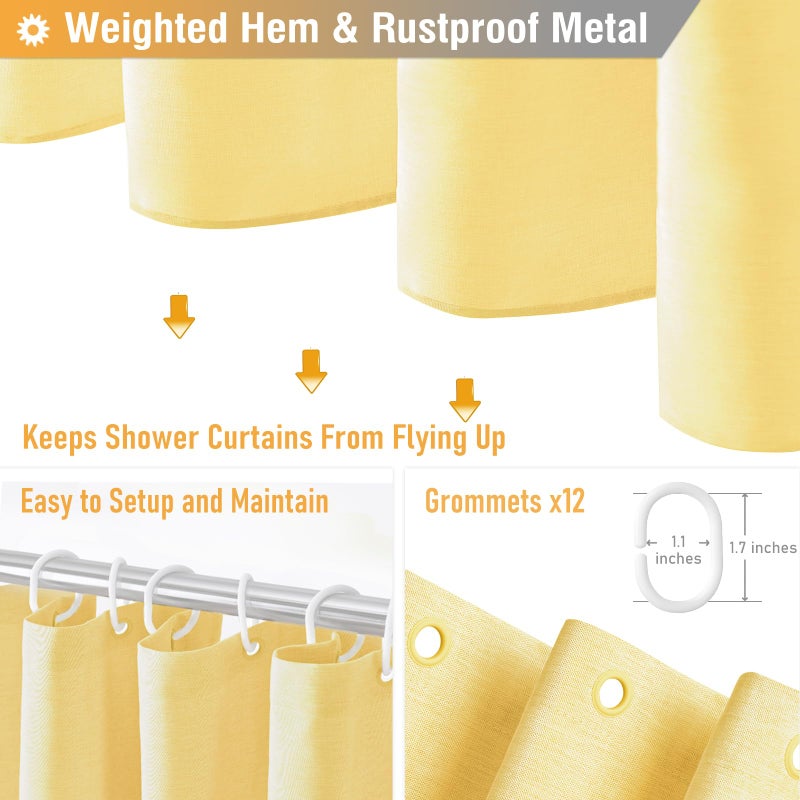 BTTN Extra Long Shower Curtain  96 Inch Linen Textured Heavy Duty Fabric Shower Curtain Set with 12 Plastic Hooks  Large Luxury Decorative Polyester Cloth Shower Curtains for Bathroom  72""x96""  Yellow - Image 4