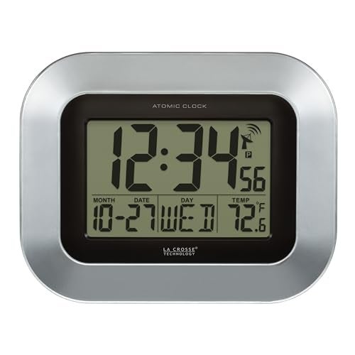 La Crosse Technology WT8005US Atomic Digital Wall Clock with Indoor Temperature Silver