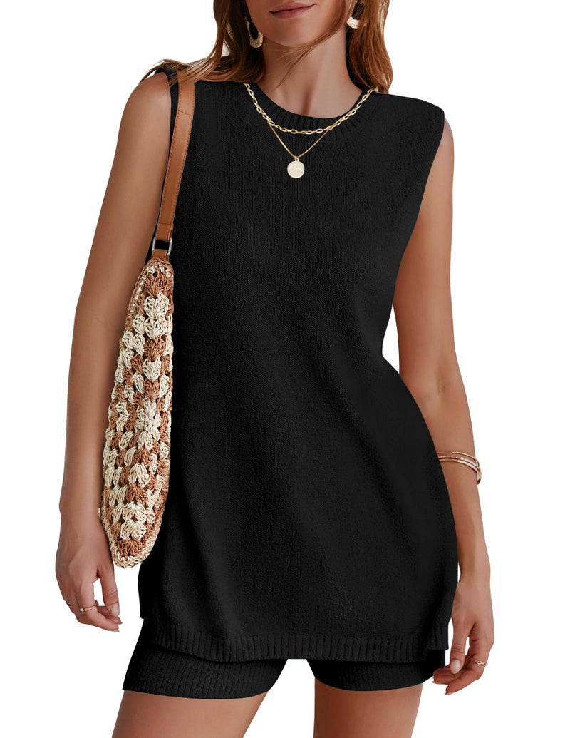 NENONA Women's Summer Sleeveless Sweater Sets Casual Knit Tunic Tops and Shorts 2 Piece Outfits,Black,M - Image 1
