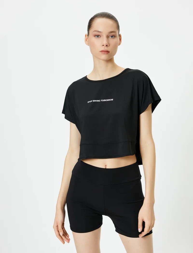 KOTON Sports Crop T-Shirt Short Sleeve Crew Neck Printed Comfortable Pattern