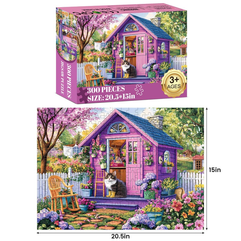 WSCXSC 300 Piece Puzzles for Adults,Garden Cottage Jigsaw Puzzle for Children Seniors,Large Piece Spring Flower House Puzzle for Kids Age 8-10 10-12,Cute Kitten Shed Puzzle,Family Game Great Gift 20.5x15in - Image 2