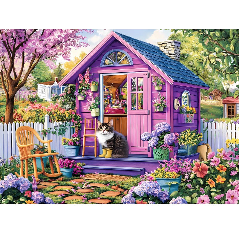 WSCXSC 300 Piece Puzzles for Adults,Garden Cottage Jigsaw Puzzle for Children Seniors,Large Piece Spring Flower House Puzzle for Kids Age 8-10 10-12,Cute Kitten Shed Puzzle,Family Game Great Gift 20.5x15in - Image 1