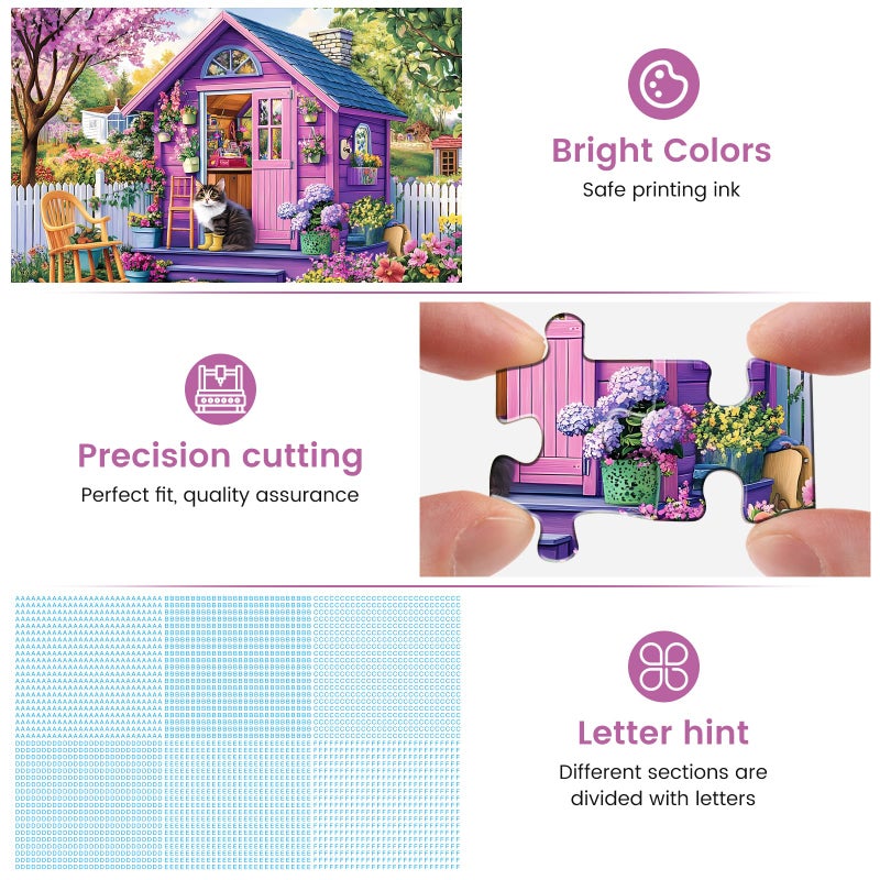 WSCXSC 300 Piece Puzzles for Adults,Garden Cottage Jigsaw Puzzle for Children Seniors,Large Piece Spring Flower House Puzzle for Kids Age 8-10 10-12,Cute Kitten Shed Puzzle,Family Game Great Gift 20.5x15in - Image 3