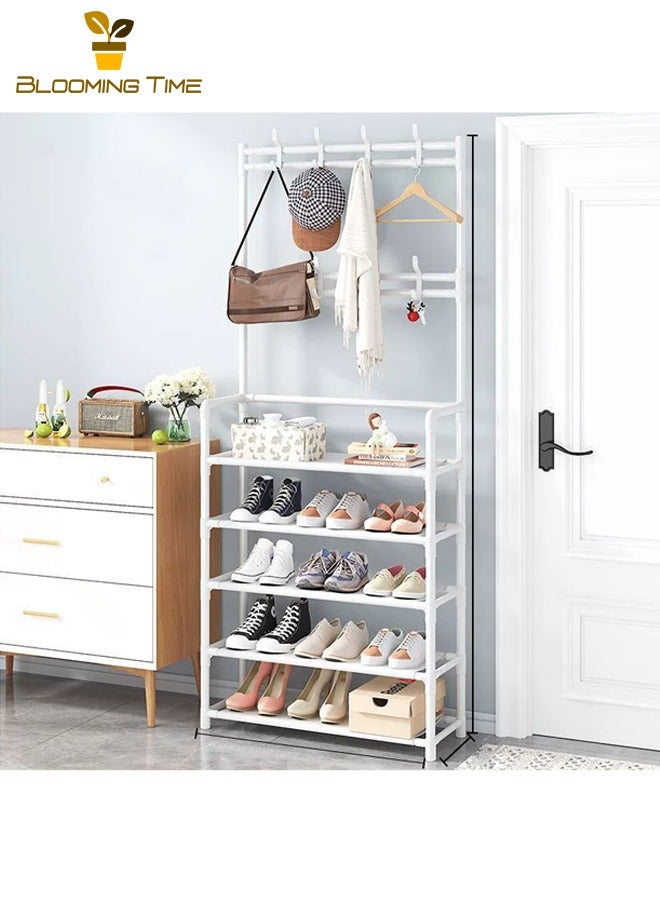 BLOOMING TIME Multifunctional Simple Shoe Rack, Multi-Layer Combination Shelf, Household Dormitory Multifunctional Floor Hanging Clothes Rack, Storage Shoe Cabinet Shoe and Hat Rack, Multi-Layer All-in-One Storage Cabinet Household Entranceway Shoe Cabinet Floor Hanging Clothes Rack Shoe and Hat Rack, White - Image 1