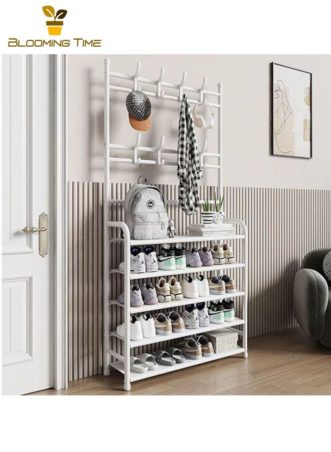 BLOOMING TIME Multifunctional Simple Shoe Rack, Multi-Layer Combination Shelf, Household Dormitory Multifunctional Floor Hanging Clothes Rack, Storage Shoe Cabinet Shoe and Hat Rack, Multi-Layer All-in-One Storage Cabinet Household Entranceway Shoe Cabinet Floor Hanging Clothes Rack Shoe and Hat Rack, White - Image 2
