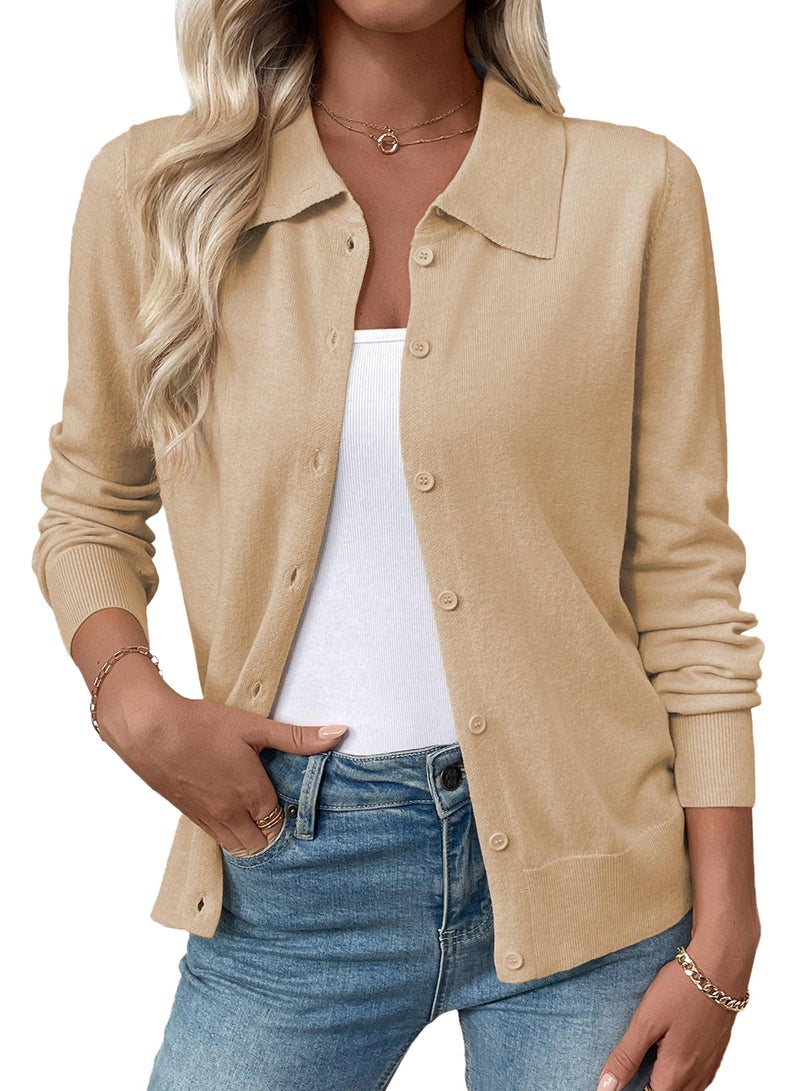 EVALESS Cardigan Sweaters for Women Lightweight Trendy Long Sleeve Lapel Collar Button Down Sweaters Fashion Clothing Soft Wool Blend Knit Cardigans Sweater Tops Beige Medium - Image 1