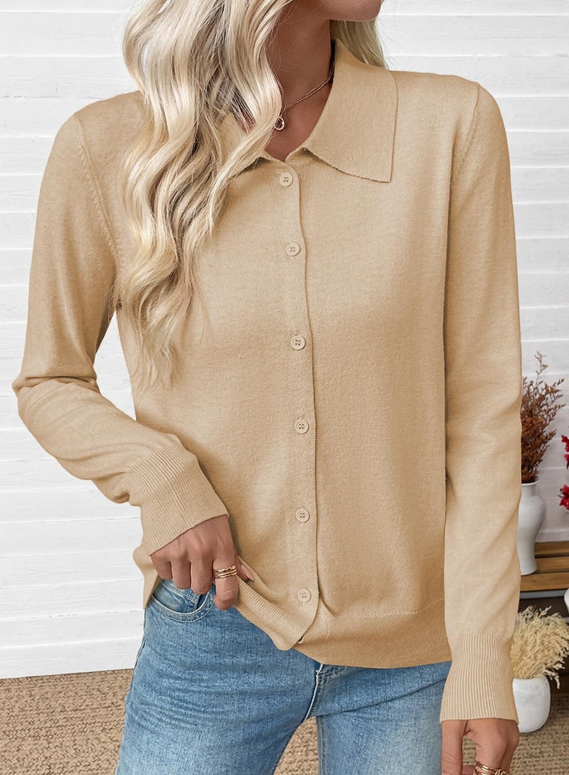 EVALESS Cardigan Sweaters for Women Lightweight Trendy Long Sleeve Lapel Collar Button Down Sweaters Fashion Clothing Soft Wool Blend Knit Cardigans Sweater Tops Beige Medium - Image 3