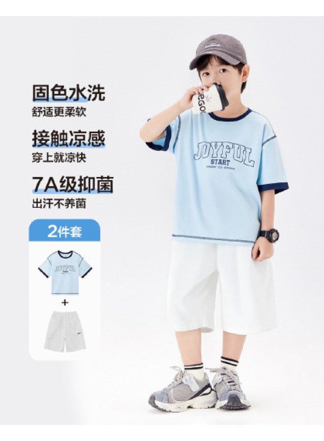 Zuoxi Boys' Summer Outfit 2025 New Collection - Cool Feel Short Sleeve & Cargo Pants Two-piece Set For Kids - Image 1