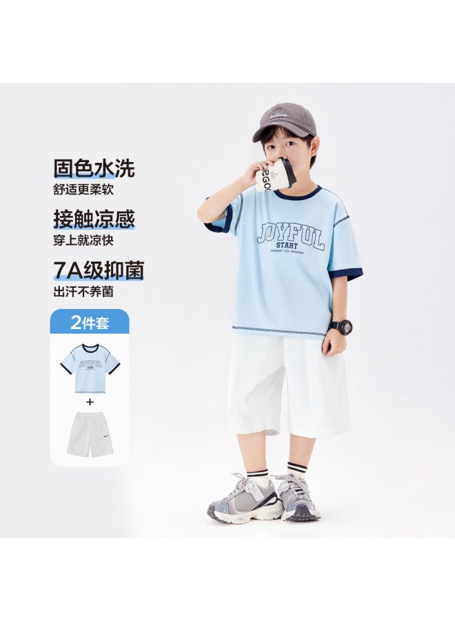 Zuoxi Boys' Summer Outfit 2025 New Collection - Cool Feel Short Sleeve & Cargo Pants Two-piece Set For Kids - Image 2