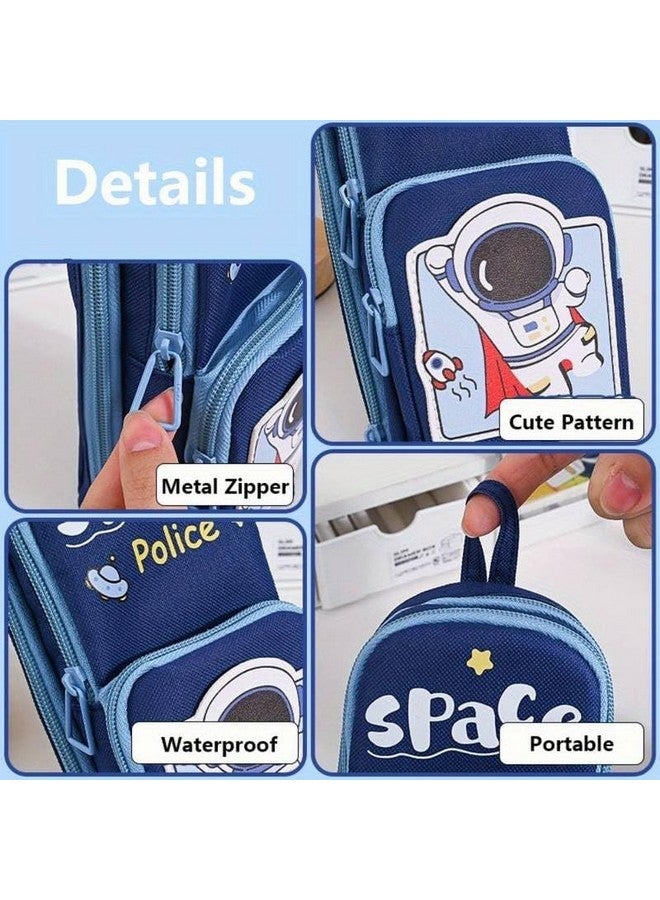 Brand Conquer Brand Conquer Canvas Premium Pencil Case Hang able 6 Layer with 3 Compartment Cute Aesthetic Pencil Case for Girls Large Capacity Pencil Pouch for Kids Cute Stationary Gift for Kids(Space Police LUE) - Image 3