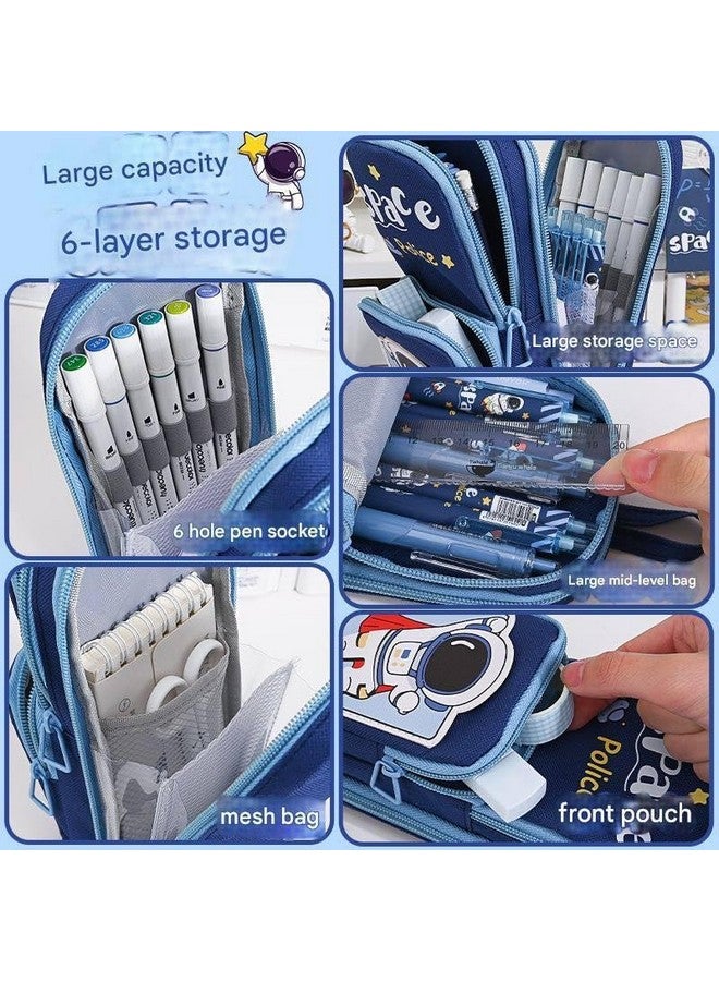 Brand Conquer Brand Conquer Canvas Premium Pencil Case Hang able 6 Layer with 3 Compartment Cute Aesthetic Pencil Case for Girls Large Capacity Pencil Pouch for Kids Cute Stationary Gift for Kids(Space Police LUE) - Image 2