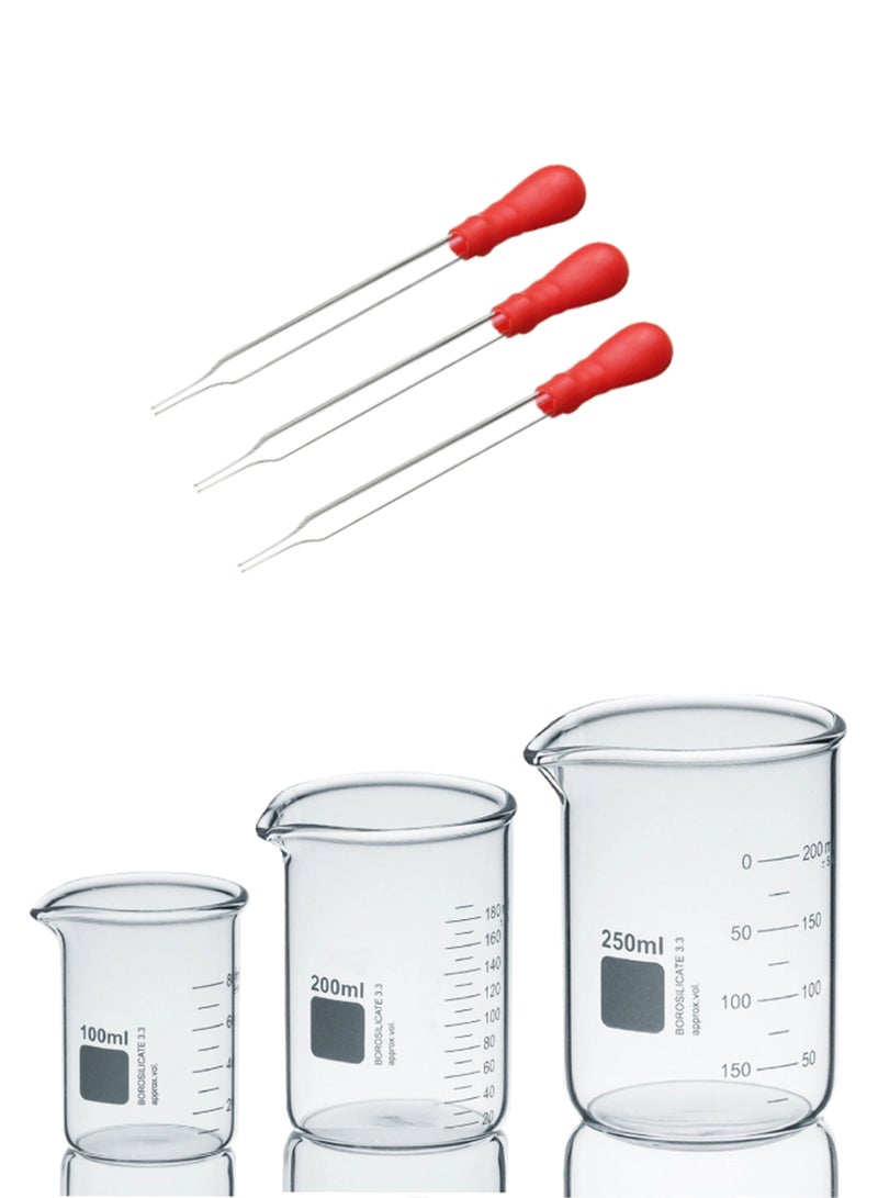 كينغ ماريوت مجموعة من 3 أكواب متدرجة من زجاج البورسليكات شديدة التحمل سعة 100 مل، 200 مل، 250 مل + 3 قطارات زجاجية عالية الجودة من البورسليكات 3.3 أواني زجاجية لأدوات المختبرات ومختبر الكيمياء البيولوجية - Image 1