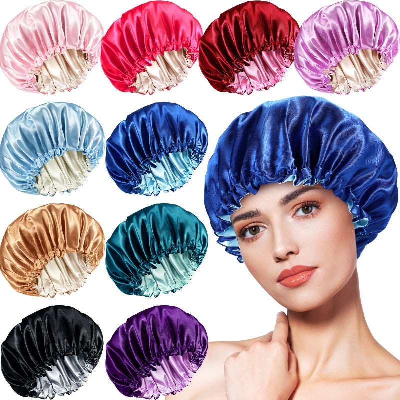 Sureio 10 Pcs Satin Silk Bonnet for Sleeping Hair Bonnets for Women Curly Natural Hair Double Layer Reversible Adjustable Large Sleeping Caps with Drawstring for Protection 10 Colors