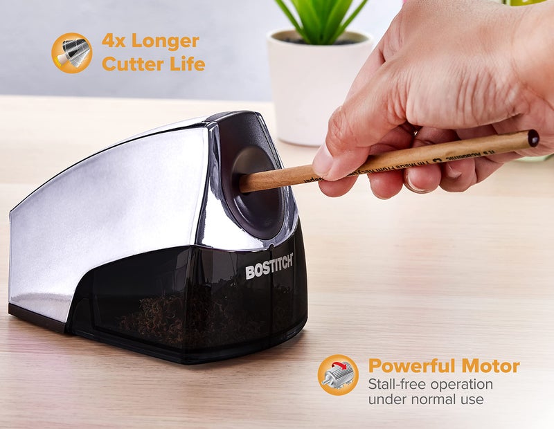 Bostitch Office Electric Pencil Sharpener, Heavy Duty Powerful Stall-Free Motor, High Capacity Shavings Tray, Chrome Metallic - Image 2