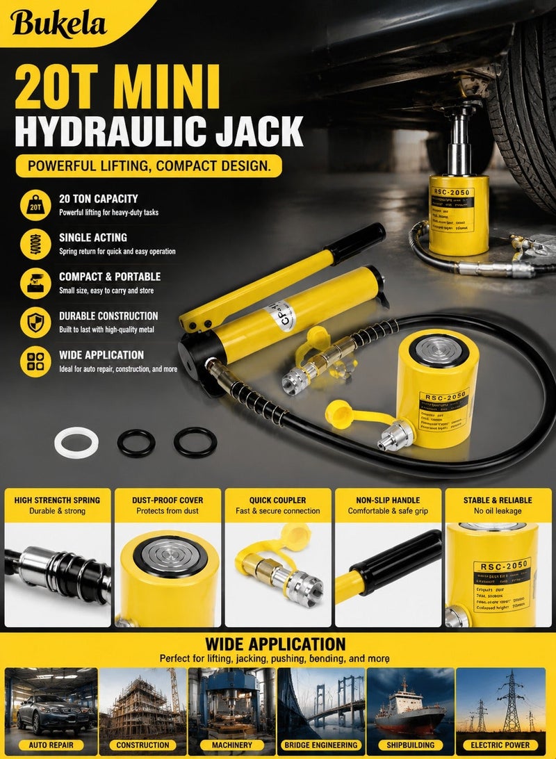 Bukela 20T Mini Hydraulic Cylinder Jack Porta Power Ram 2" Stroke, CP-180 Manual Hydraulic Hand Pump, Single Acting Lifting Cylinders for Machinery Shipbuilding - Image 1